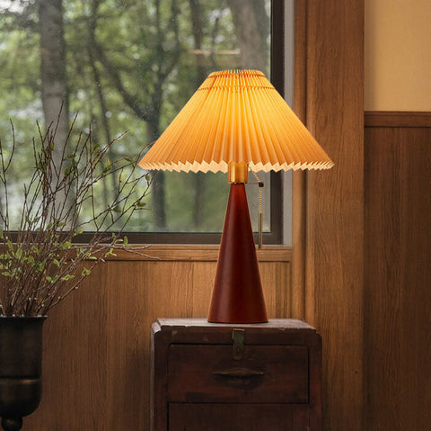 Table Lamp with Pleated Shade and Wood Base