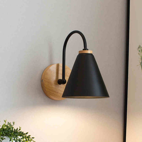Wall Lamp with Curved Metal Arm, Cone Shade and Natural Wood Base