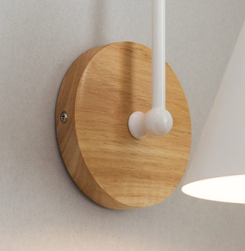Wall Lamp with Curved Metal Arm, Cone Shade and Natural Wood Base