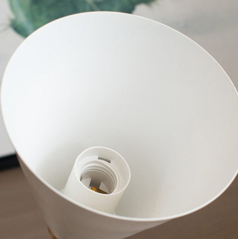 Wall Lamp with Curved Metal Arm, Cone Shade and Natural Wood Base