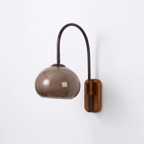 Wood and Glass Globe Wall Sconce with Curved Metal Arm for Bedside