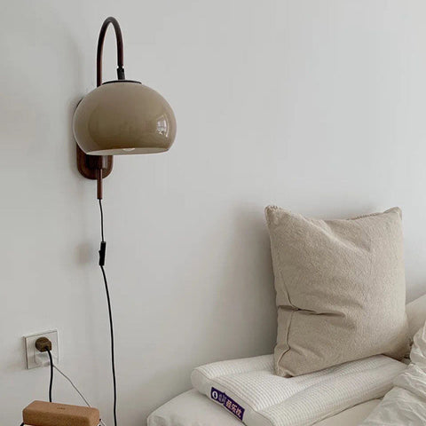 Wood and Glass Globe Wall Sconce with Curved Metal Arm for Bedside
