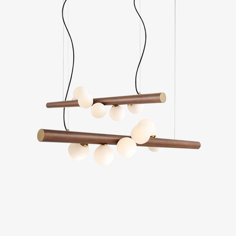 Pendant Light with Glass Globes and Linear Walnut Frame