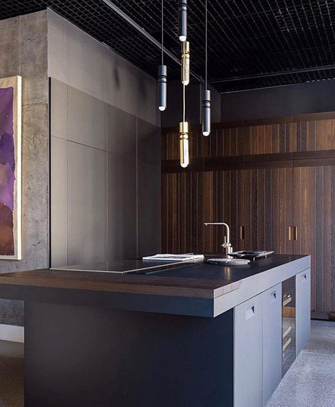 Pendant Light with Metal Cylinders and Decorative Sphere Detail