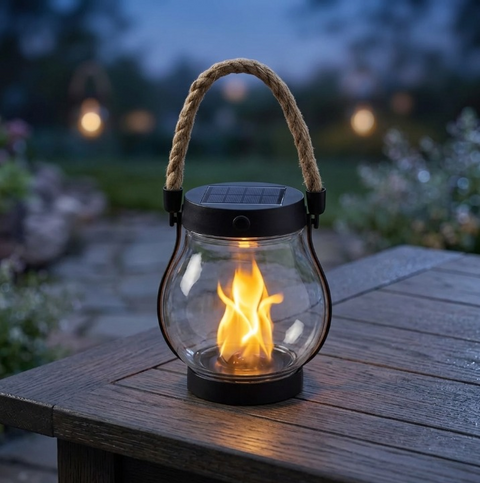 Solar Flame Lantern with Rope Handle and Dusk Sensor