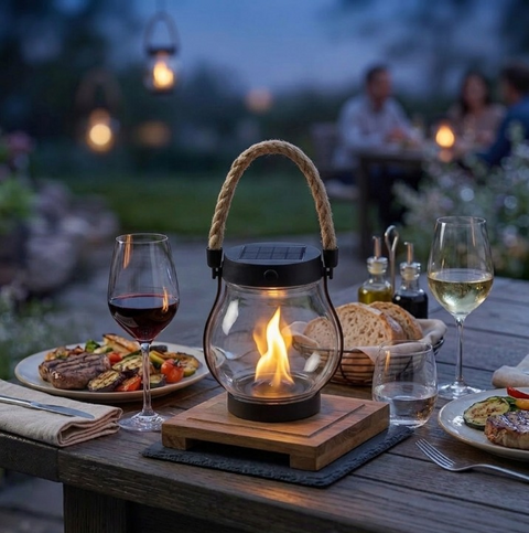 Solar Flame Lantern with Rope Handle and Dusk Sensor