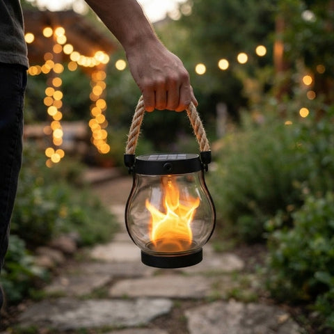 Solar Flame Lantern with Rope Handle and Dusk Sensor