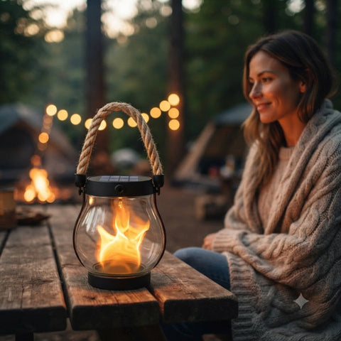 Solar Flame Lantern with Rope Handle and Dusk Sensor