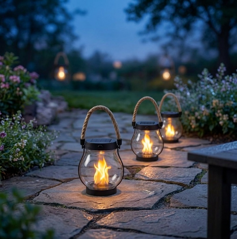 Solar Flame Lantern with Rope Handle and Dusk Sensor