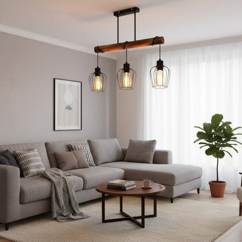 Black Vintage Wooden Chandelier – Industrial 3-Light Adjustable Ceiling Lamp