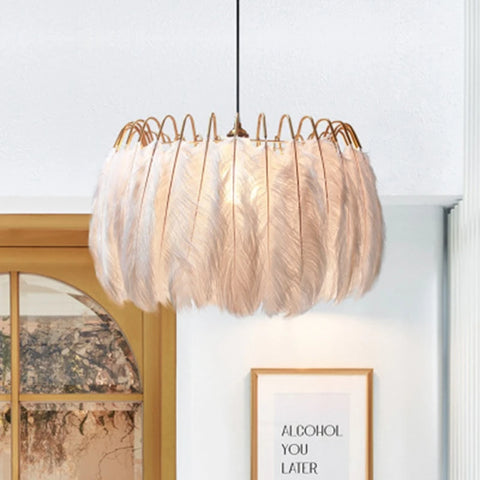 Feather Chandelier with Feathered Shade in Iron and Feathers