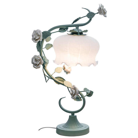 Floral Rose Table Lamp with Glass Shade and Decorative Vine Design