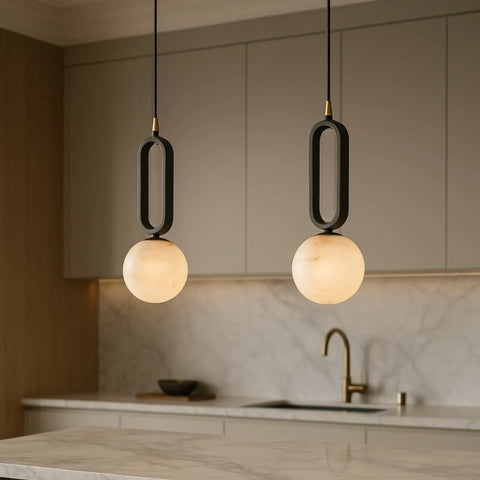 Alabaster Globe Pendant Light with Matte Black Frame