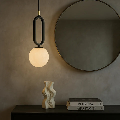Alabaster Globe Pendant Light with Matte Black Frame