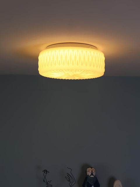 Ceiling Light with Textured Glass Drum Shade and Warm LED Light