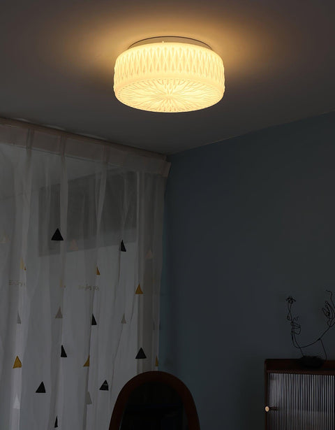 Ceiling Light with Textured Glass Drum Shade and Warm LED Light