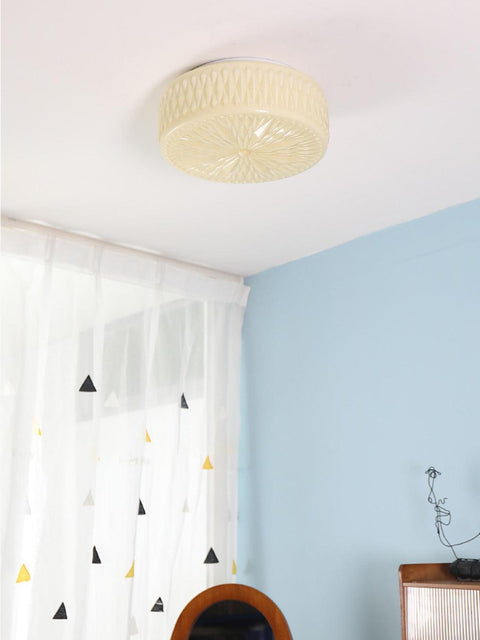 Ceiling Light with Textured Glass Drum Shade and Warm LED Light