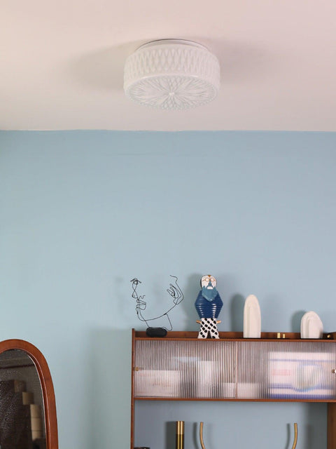 Ceiling Light with Textured Glass Drum Shade and Warm LED Light