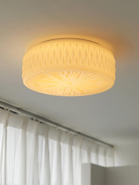 Ceiling Light with Textured Glass Drum Shade and Warm LED Light