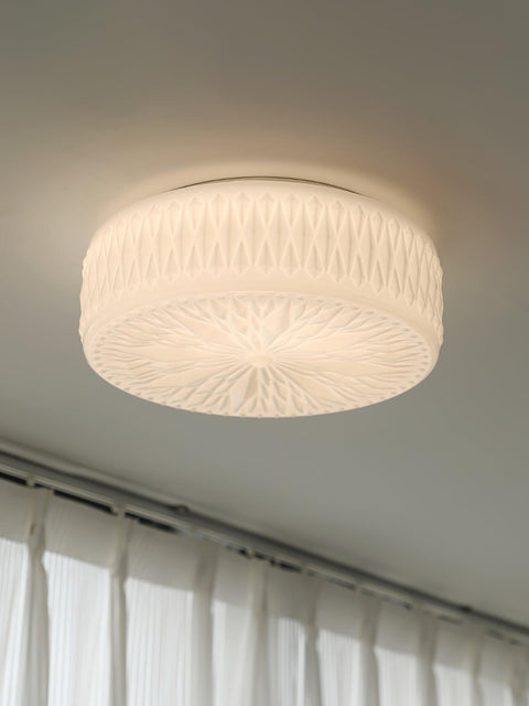 Ceiling Light with Textured Glass Drum Shade and Warm LED Light