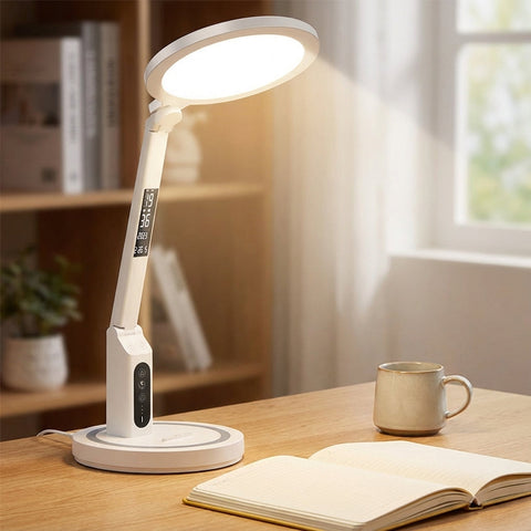 LED Desk Lamp with Integrated Clock and Tabletop Design