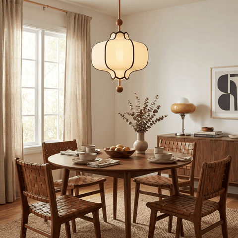 Lantern Fabric Pendant Light with Sculptural Wood Accents