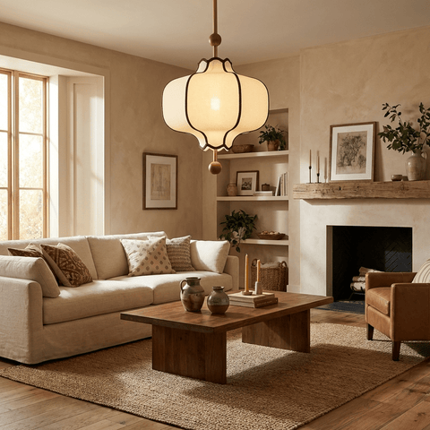 Lantern Fabric Pendant Light with Sculptural Wood Accents