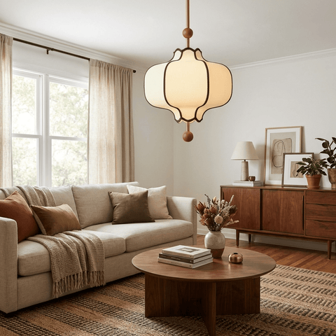 Lantern Fabric Pendant Light with Sculptural Wood Accents