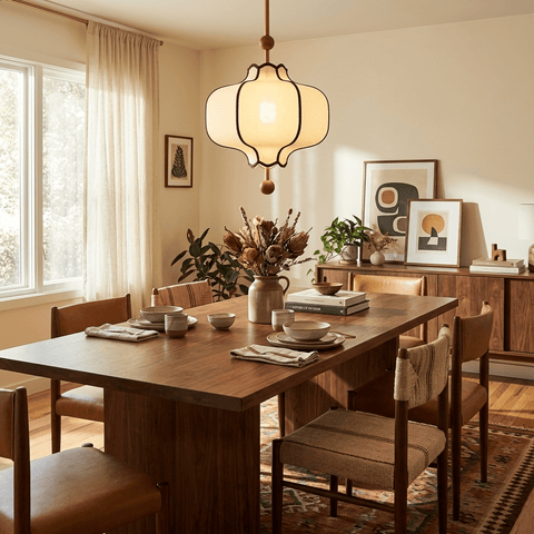 Lantern Fabric Pendant Light with Sculptural Wood Accents