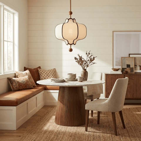 Lantern Fabric Pendant Light with Sculptural Wood Accents