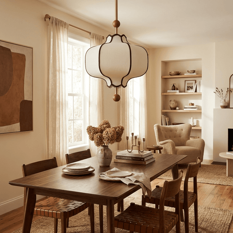 Lantern Fabric Pendant Light with Sculptural Wood Accents
