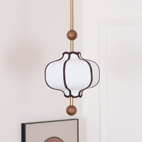 Lantern Fabric Pendant Light with Sculptural Wood Accents