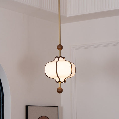 Lantern Fabric Pendant Light with Sculptural Wood Accents