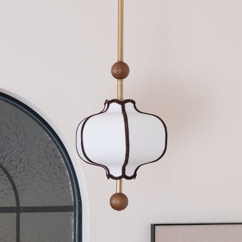 Lantern Fabric Pendant Light with Sculptural Wood Accents