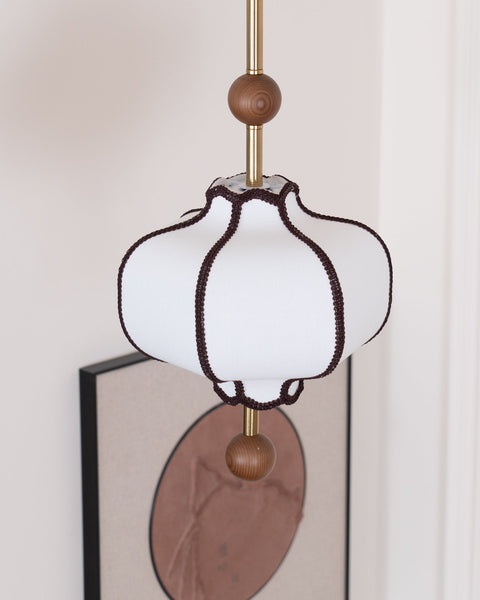 Lantern Fabric Pendant Light with Sculptural Wood Accents