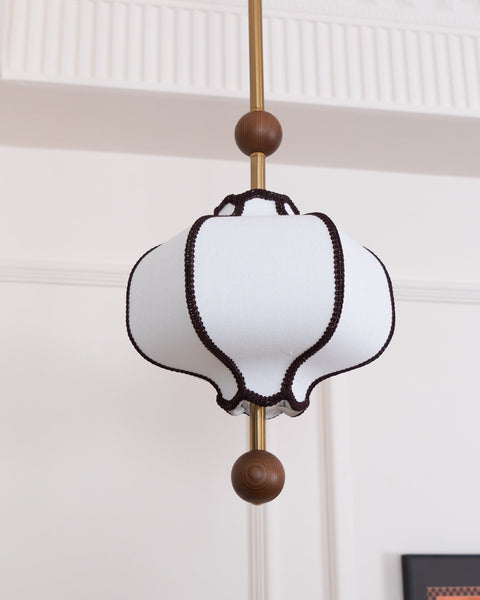 Lantern Fabric Pendant Light with Sculptural Wood Accents