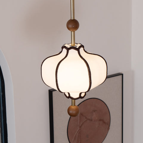 Lantern Fabric Pendant Light with Sculptural Wood Accents