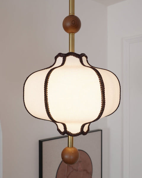 Lantern Fabric Pendant Light with Sculptural Wood Accents