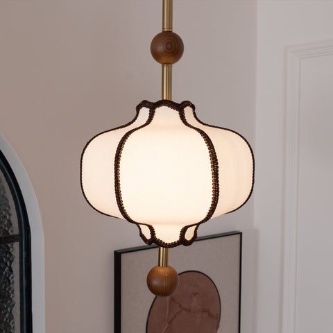 Lantern Fabric Pendant Light with Sculptural Wood Accents
