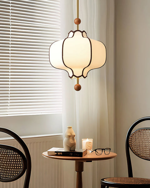Lantern Fabric Pendant Light with Sculptural Wood Accents