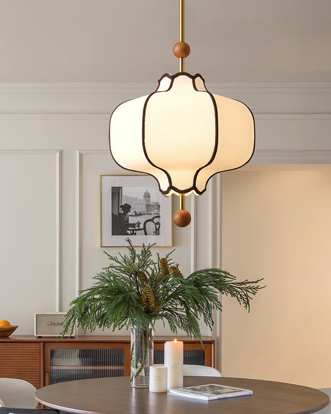 Lantern Fabric Pendant Light with Sculptural Wood Accents
