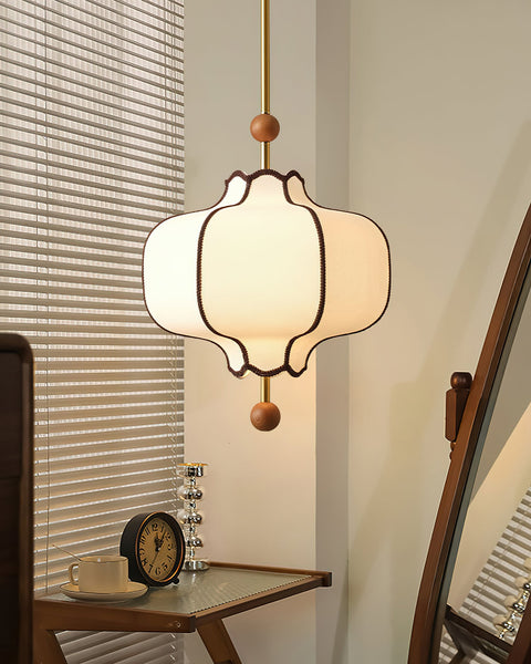 Lantern Fabric Pendant Light with Sculptural Wood Accents
