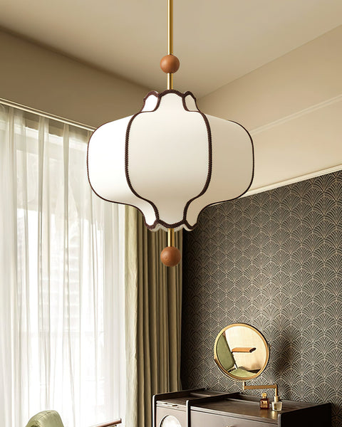 Lantern Fabric Pendant Light with Sculptural Wood Accents