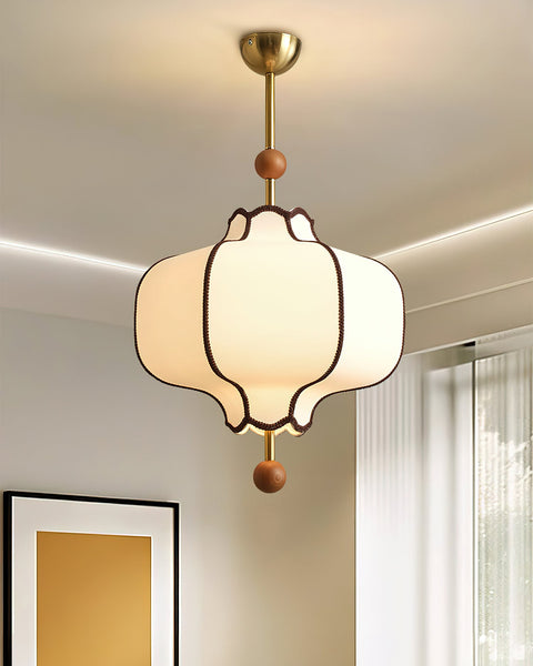 Lantern Fabric Pendant Light with Sculptural Wood Accents