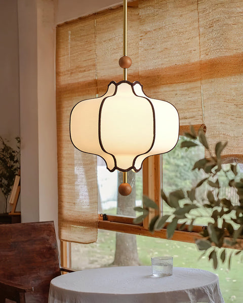 Lantern Fabric Pendant Light with Sculptural Wood Accents