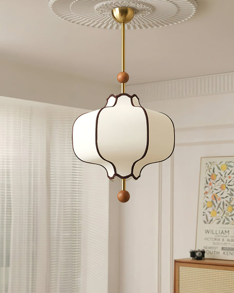 Lantern Fabric Pendant Light with Sculptural Wood Accents