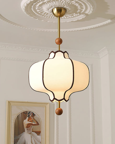 Lantern Fabric Pendant Light with Sculptural Wood Accents