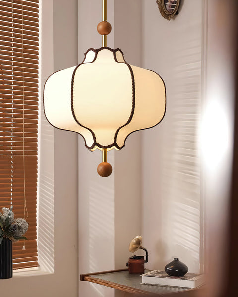 Lantern Fabric Pendant Light with Sculptural Wood Accents