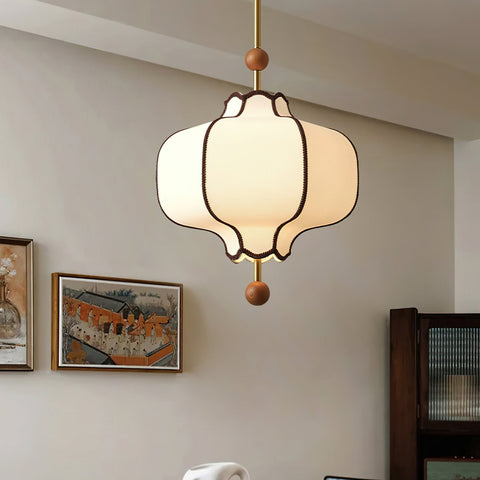 Lantern Fabric Pendant Light with Sculptural Wood Accents