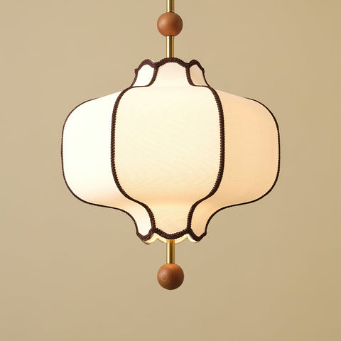 Lantern Fabric Pendant Light with Sculptural Wood Accents